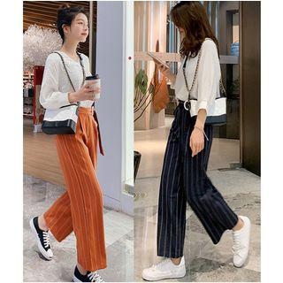 Set: 3/4-sleeve V-neck Blouse + Pinstriped Wide-leg Pants