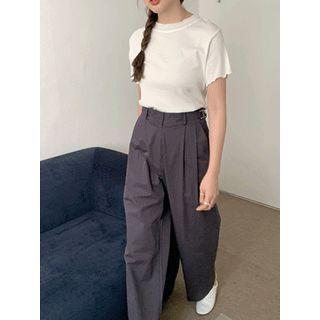 Belted-detail Pintuck-trim Pants