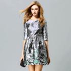 Elbow-sleeve Embroidery Printed Dress
