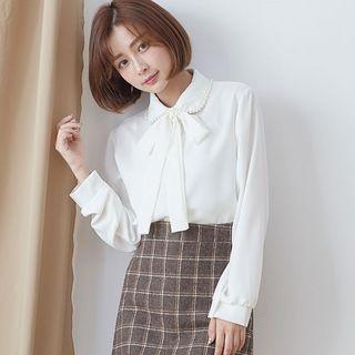 Tie-neck Faux Pearl Trim Blouse 01 - White - One Size