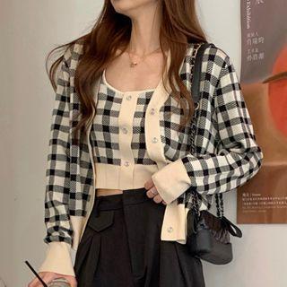Plaid Knit Sleeveless Top / Cardigan