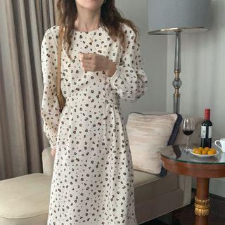 Long-sleeve Leopard Print Corduroy A-line Dress