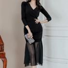 V-neck Long-sleeve Mesh Panel Sheath Dress