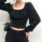 Long-sleeve Square Neck Crinkled T-shirt