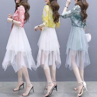 Set: Elbow-sleeve Shirt + Spaghetti Strap Frilled Dress