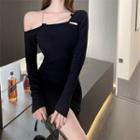 Irregular Cold-shoulder Mini Bodycon Dress Black - One Size