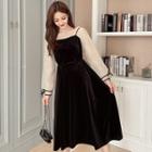Balloon-sleeve Paneled Velvet Midi A-line Dress