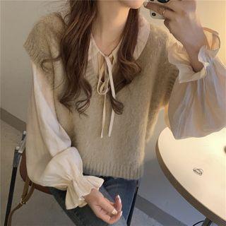 Plain Sweater Vest / Ruffle Trim Blouse