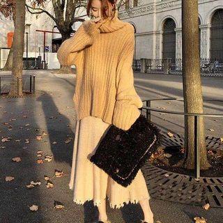 Turtleneck Loose-fit Sweater / High Waist Midi Knit Skirt / Set