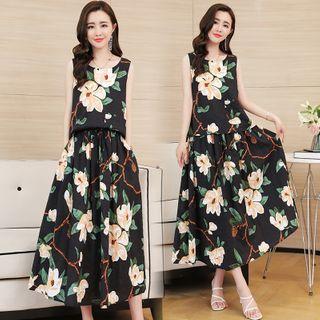 Set: Floral Print Tank Top + Midi A-line Skirt