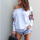 Flower Embroidered Distressed Pullover