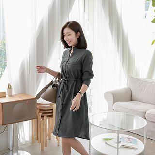 Open-placket Drawstring-waist Shirtdress