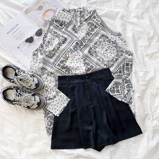Long-sleeve Cold-shoulder Printed Shirt Shirt - One Size