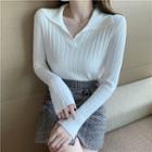 Long-sleeve V-neck Collared Plain Knit Top