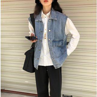 Front Pocket Sleeveless Denim Jacket Blue - One Size