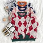 Long-sleeve Plaid Embroidered Knit Sweater
