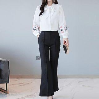 Set: Long-sleeve Embroidered Blouse + Boot-cut Pants
