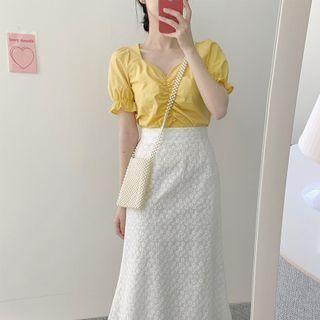 Short-sleeve V-neck Blouse / Midi A-line Lace Skirt