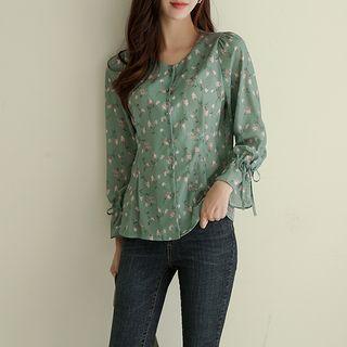Tie-cuff Pleated Floral Blouse