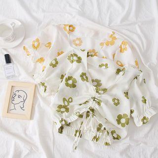 Flower-print Drawstring Crop Top