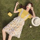 Set: Plain Short Sleeve T-shirt + Floral Print Suspender Midi Skirt