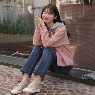 Contrast-hooded Snap-button Neoprene Jacket