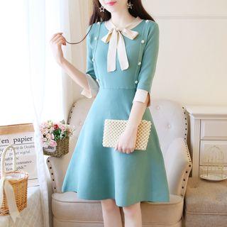 3/4-sleeve Contrast Trim Ribbon A-line Knit Dress