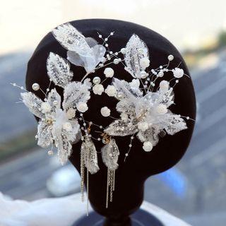 Set: Bridal Faux Pearl Lace Flower Hair Clip + Fringed Drop Earring 1 Pair - Hair Clip - White - One Size / 1 Pair - Fringed Drop Earrings - White - One Size