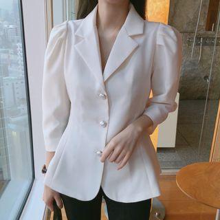 Puff-sleeve Faux-pearl Peplum Jacket With Sash