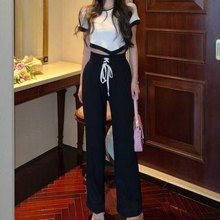 Short-sleeve Two Tone Top / Drawstring Pants