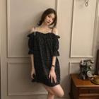 Cold-shoulder Dotted A-line Dress Black - One Size