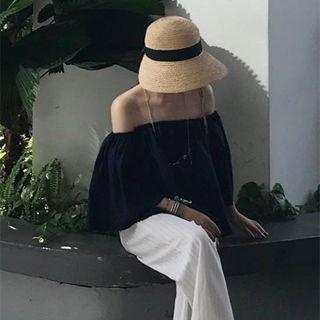 Off-shoulder Plain Blouse Navy Blue - One Size