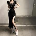 Short-sleeve Slit Midi Bodycon Dress Black - One Size