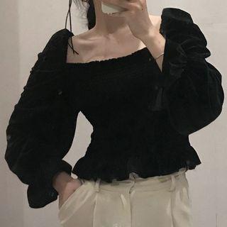 Square Neck Smocked Velvet Blouse Black - One Size