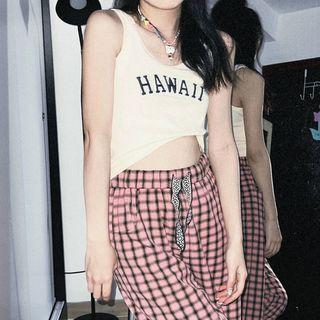Letter Embroidered Tank Top / Plaid Wide Leg Pants