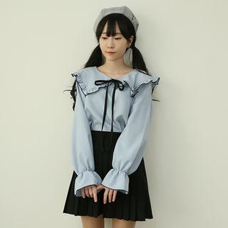 Wide-collar Beribboned Blouse