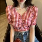 Puff-sleeve Checked Ruffled Cropped Blouse