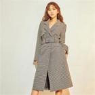 Belted Houndtooth Pattern Midi Coat Black - One Size