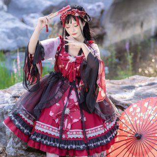 Flower Print Bell-sleeve Ruffled A-line Dress