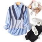 Set: Long-sleeve Plain Shirt + Sleeveless Knit Top