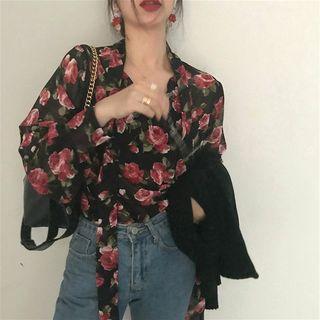 Rose Printed Long-sleeve Loose-fit Blouse