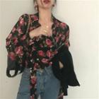 Rose Printed Long-sleeve Loose-fit Blouse