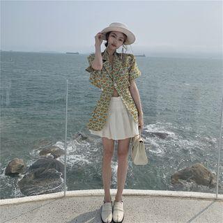 Short-sleeve Floral Print Open Back Blazer Floral - Yellow & Green - One Size