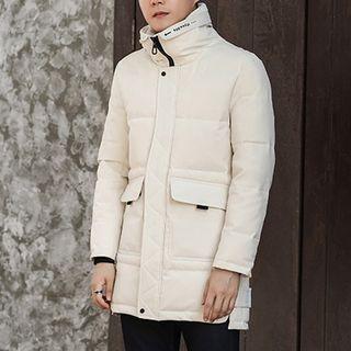 Stand Collar Lettering Embroidered Zip Hooded Padded Coat