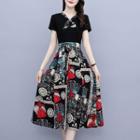 Short-sleeve Bow-front Graphic Print Midi A-line Dress