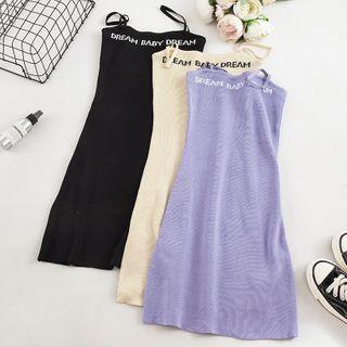 Lettering Spaghetti-strap Mini Sheath Knit Dress