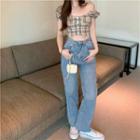 Cap-sleeve Plaid Top / Jeans