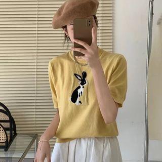 Round-neck Rabbit Pattern Short-sleeve Knit Top