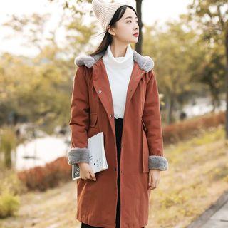 Furry-trim Hooded Snap Button Coat