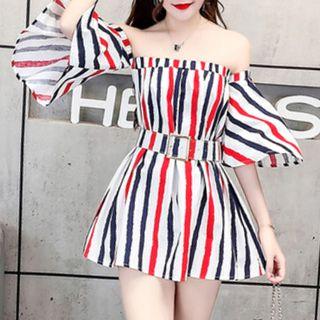 Striped Off-shoulder Tunic Dress With Belt